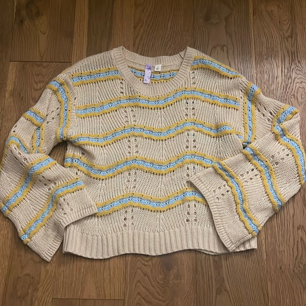 Tan cropped sweater with light blue and yellow details
